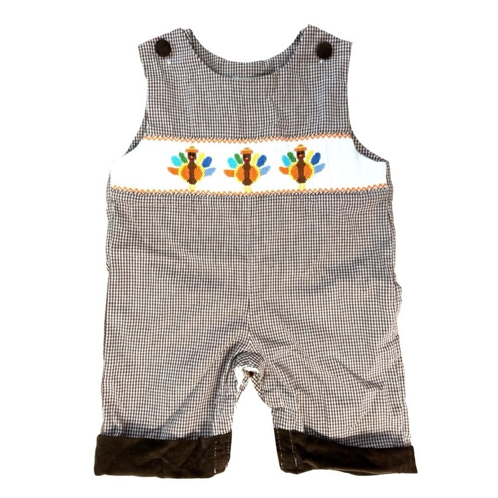 Thanksgiving Turkey Brown Gingham Plaid Overalls Boys 3M Southern Smocked Co.